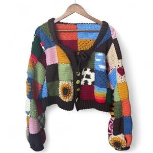 Handmade Crochet Granny Square Patchwork Cardigan Colorful Boho Sweater M